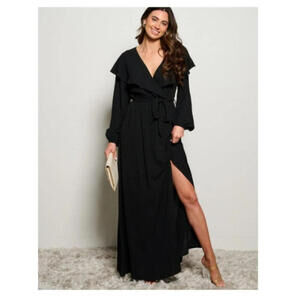 MAIN STRIP Black Maxi Slit Dress Elegant Long Sleeve Evening Gown Various Sizes